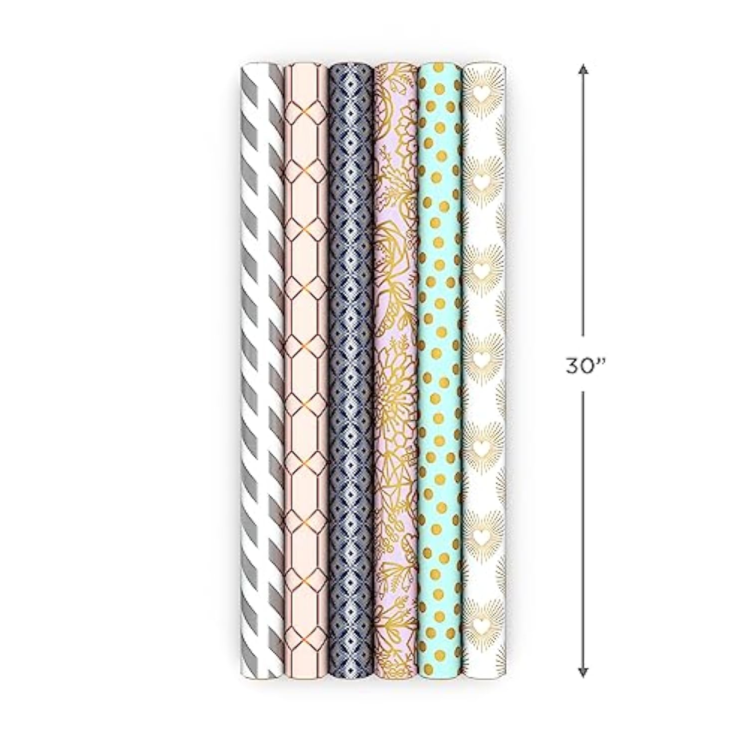 Hallmark Wrapping Paper with Cutlines on Reverse (6 Rolls: 180 Sq. Ft. Total) White and Silver Stripes, Mint Green, Gold Hearts and Flowers for Weddings, Bridal Showers, Birthdays