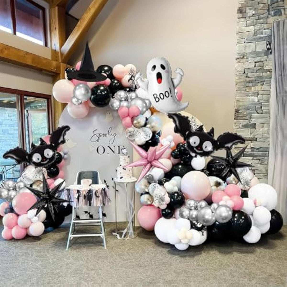 130Pc Halloween Balloon Arch Kit – Pink Black Silver White with Ghost & Hat