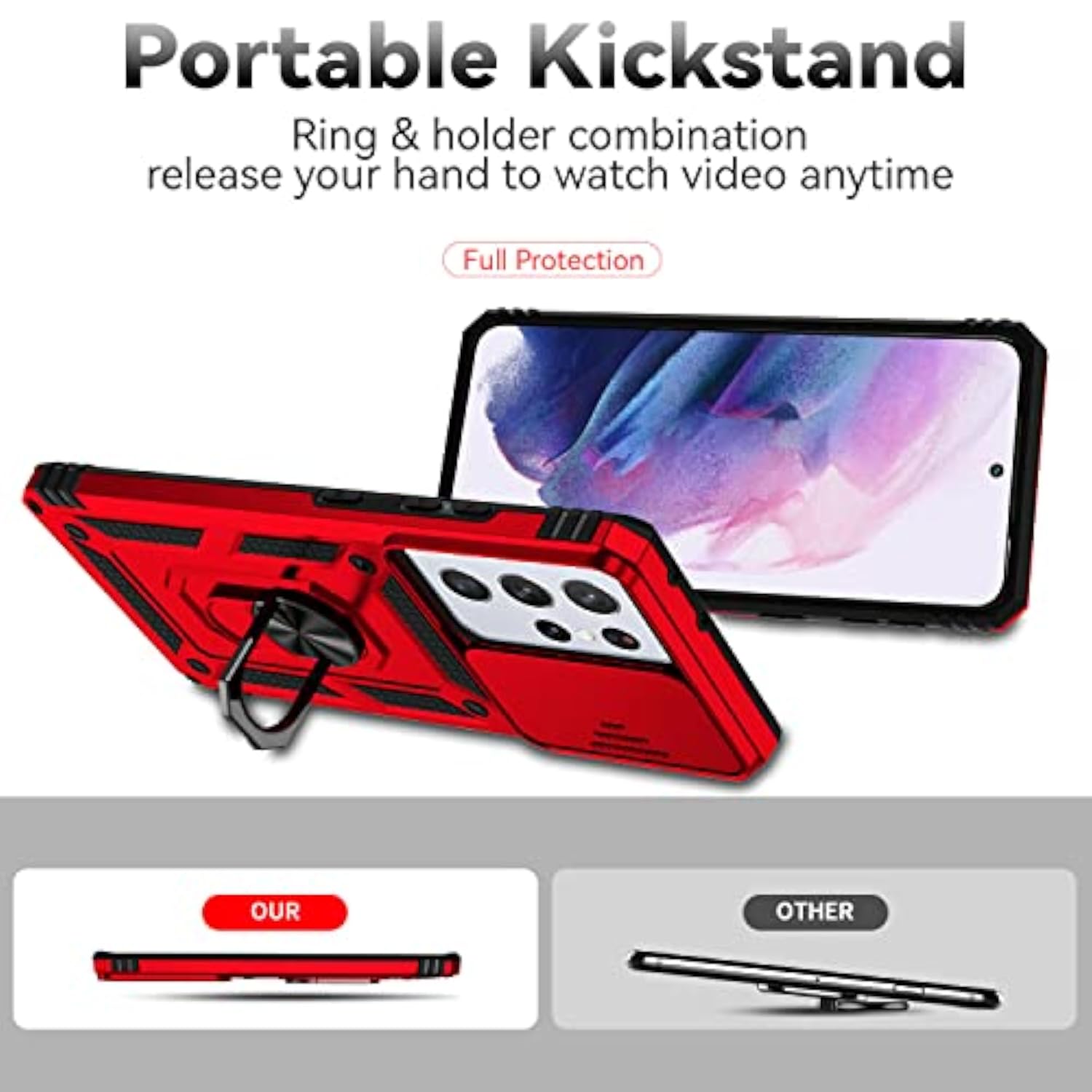 Samsung Galaxy S21 Ultra 5G 2 in 1 Phone Case with HD Screen Protector and Rotated Ring Kickstand, Military-Grade, Red, 6.8 Inch