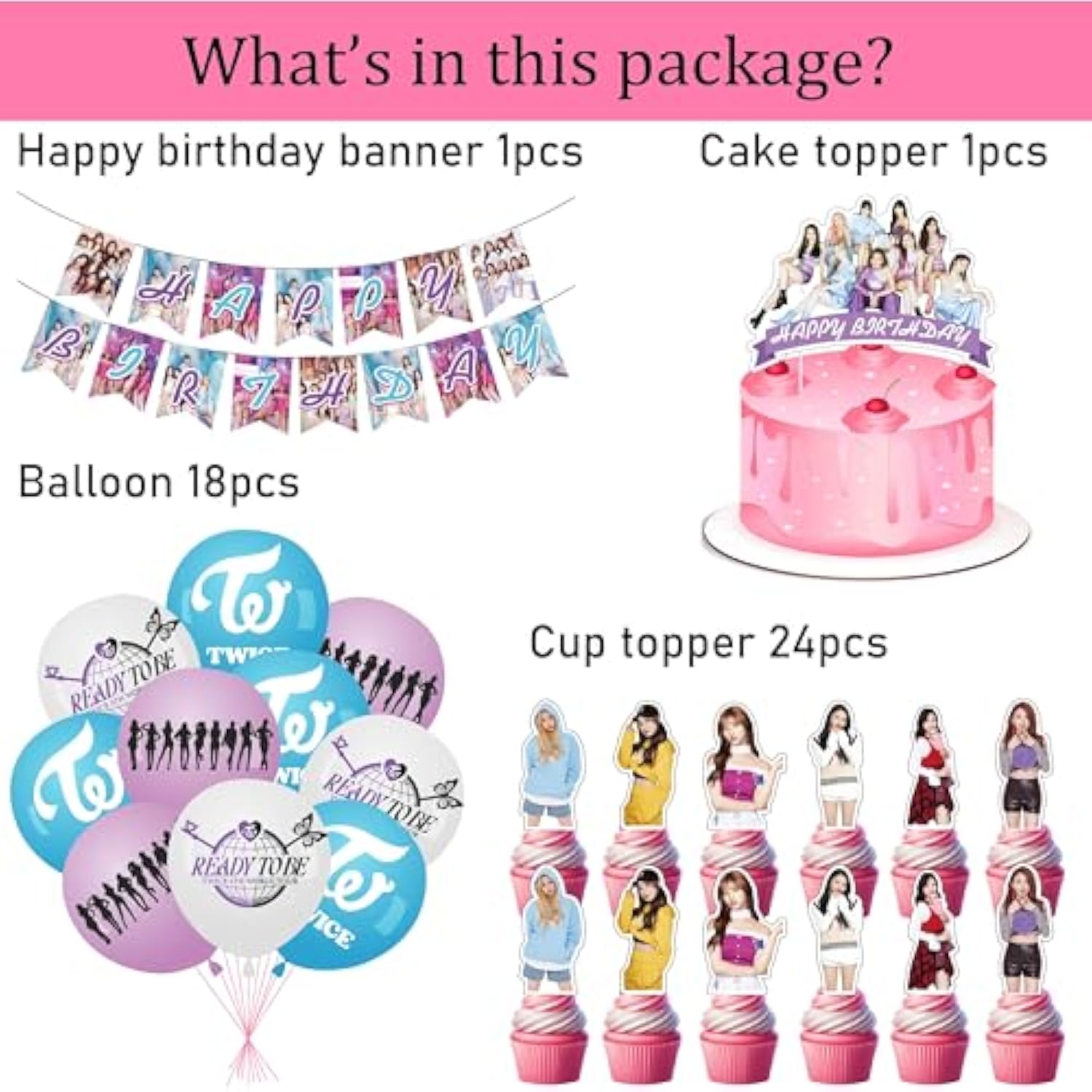 Twice Merch Party Decorations Happy Birthday Banner Cake & Cupcake Toppers Balloons