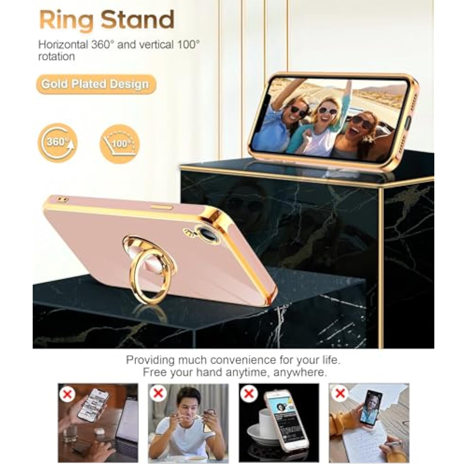 For Xr Case: With Tempered Glass Screen Protector [2 Pack] 360° Rotatable Ring Holder Magnetic Kickstand, Plating Rose Gold Edge For 10 Xr Case, Pink