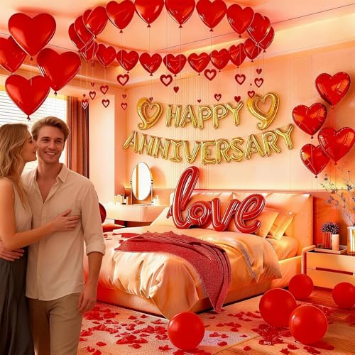 Happy Anniversary Decorations Romantic, Happy Anniversary Sign Banner, Valentines Decorations Party Home Bed Room, Romantic Decorations Special Night, Red Heart Balloons, Happy Anniversary Balloons