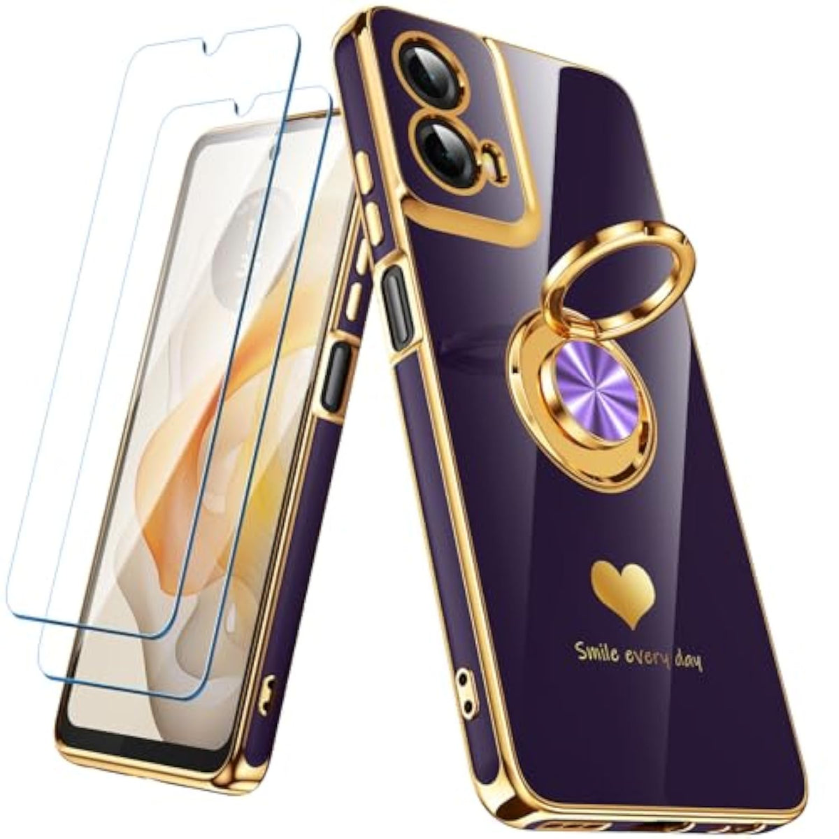 For Moto G Play 2024 Case With 2 Pack Screen Protector, 360° Rotatable Ring Holder [Luxury Hearts Pattern] Plating Gold Edge Slim Soft Phone Case For Moto G Play 4G 2024 - Purple