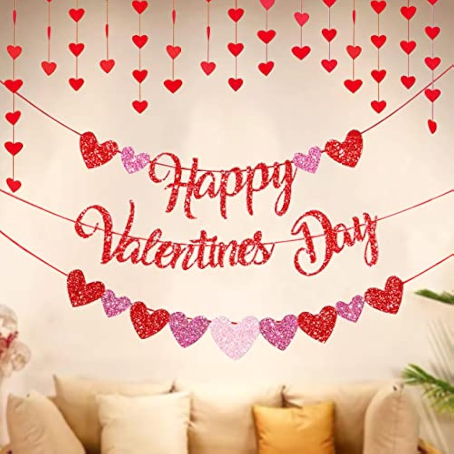 Happy Valentine'S Day Decorations Red Heart Banner Kit For Galentines Wedding Anniversary Birthday Party Supplies Home Window Décor