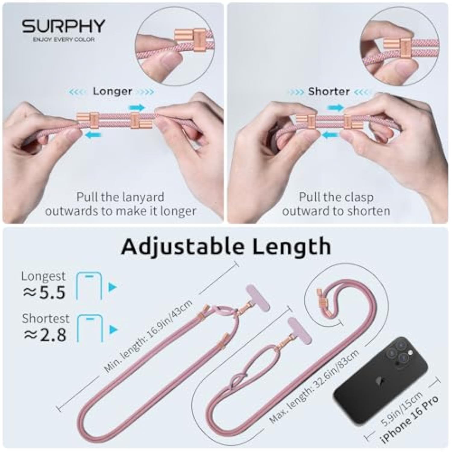 Phone Lanyard Crossbody, Adjustable Cell Phone Lanyard With 2 Pack Phone Tether Tab, Two-Color Braided Phone Strap With Carabiner, Pink & Purple