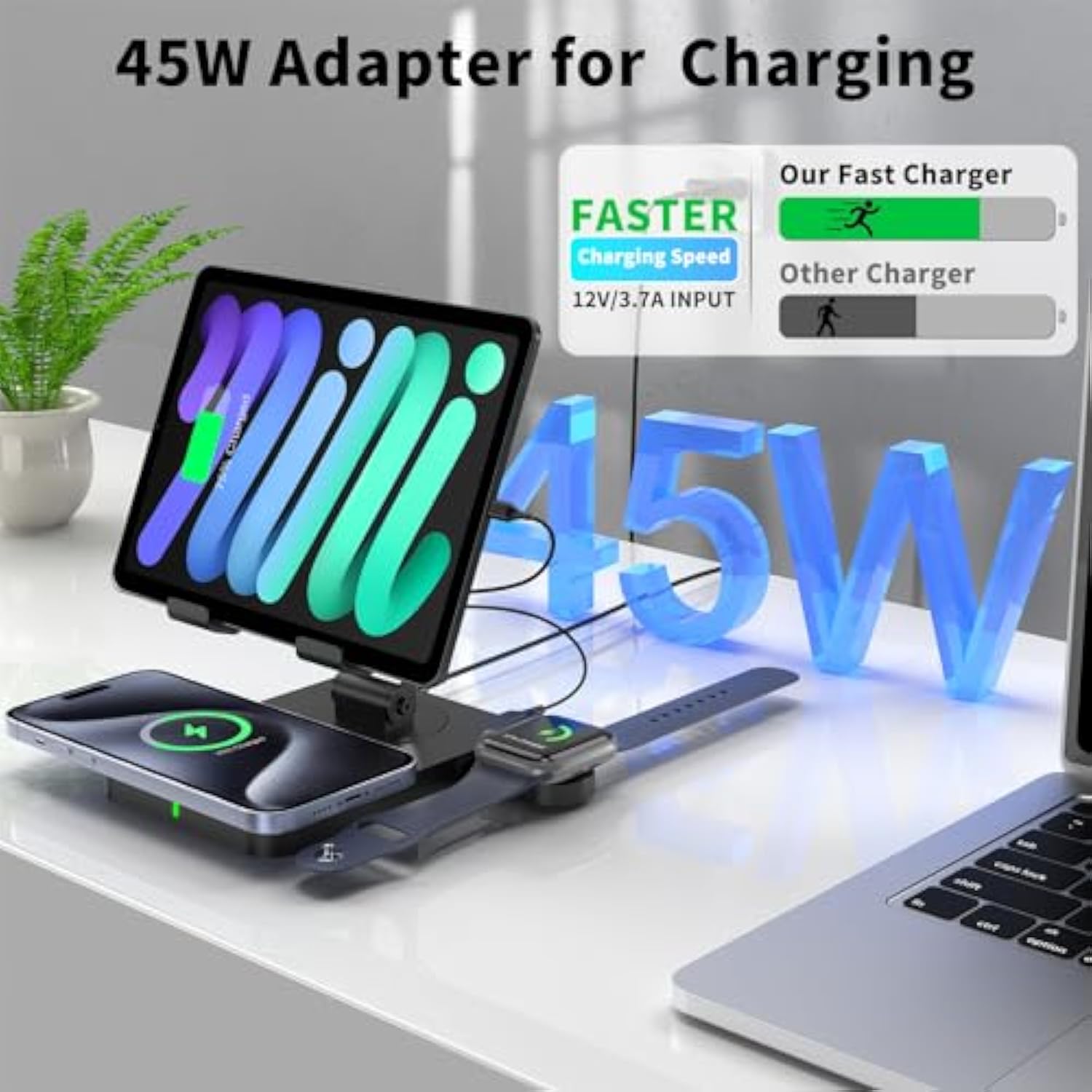 3 In 1 Wireless Charger For Apple Charging Station For Iphone Mag Safe Charger For Iphone 16 Pro Max/15/14/13/12, Foldable Watch For Apple Watch 10/9, Rotating Stand For Ipad Charging Station (Black)