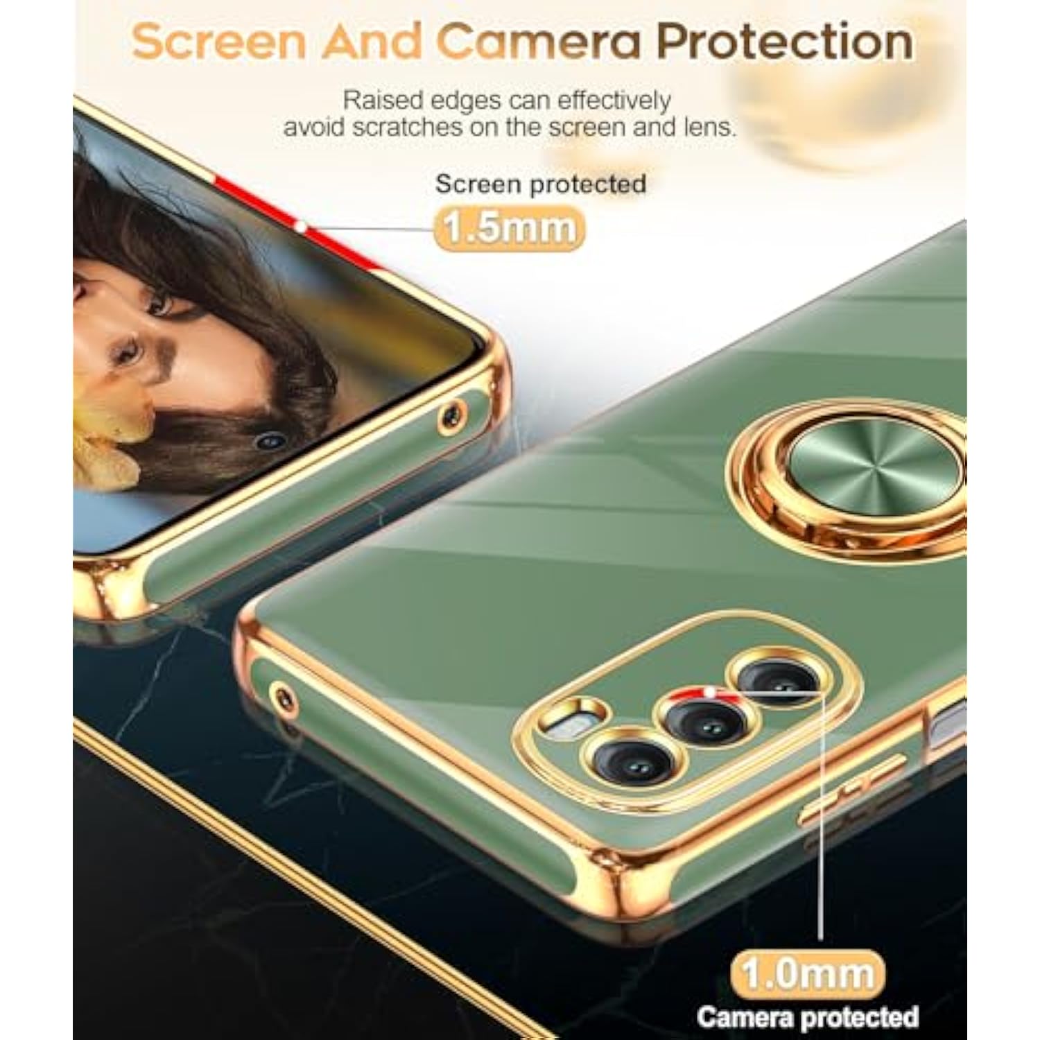 For Moto G Stylus 5G 2022 Case: With Tempered Glass Screen Protector [2 Pack] 360° Rotatable Ring Holder Magnetic Kickstand, Plating Rose Gold Edge For Moto G Stylus 5G 2022 Case, L-Green