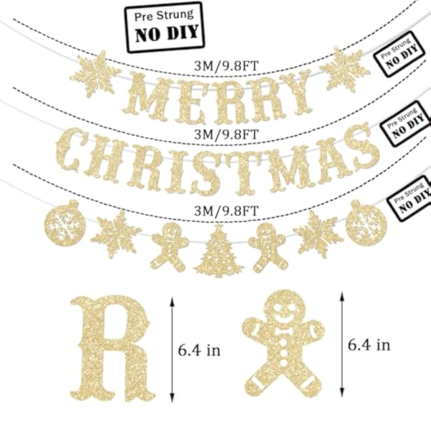 Pre-Strung Gold Glitter "Merry Christmas" Banner No-DIY Holiday Party Garland