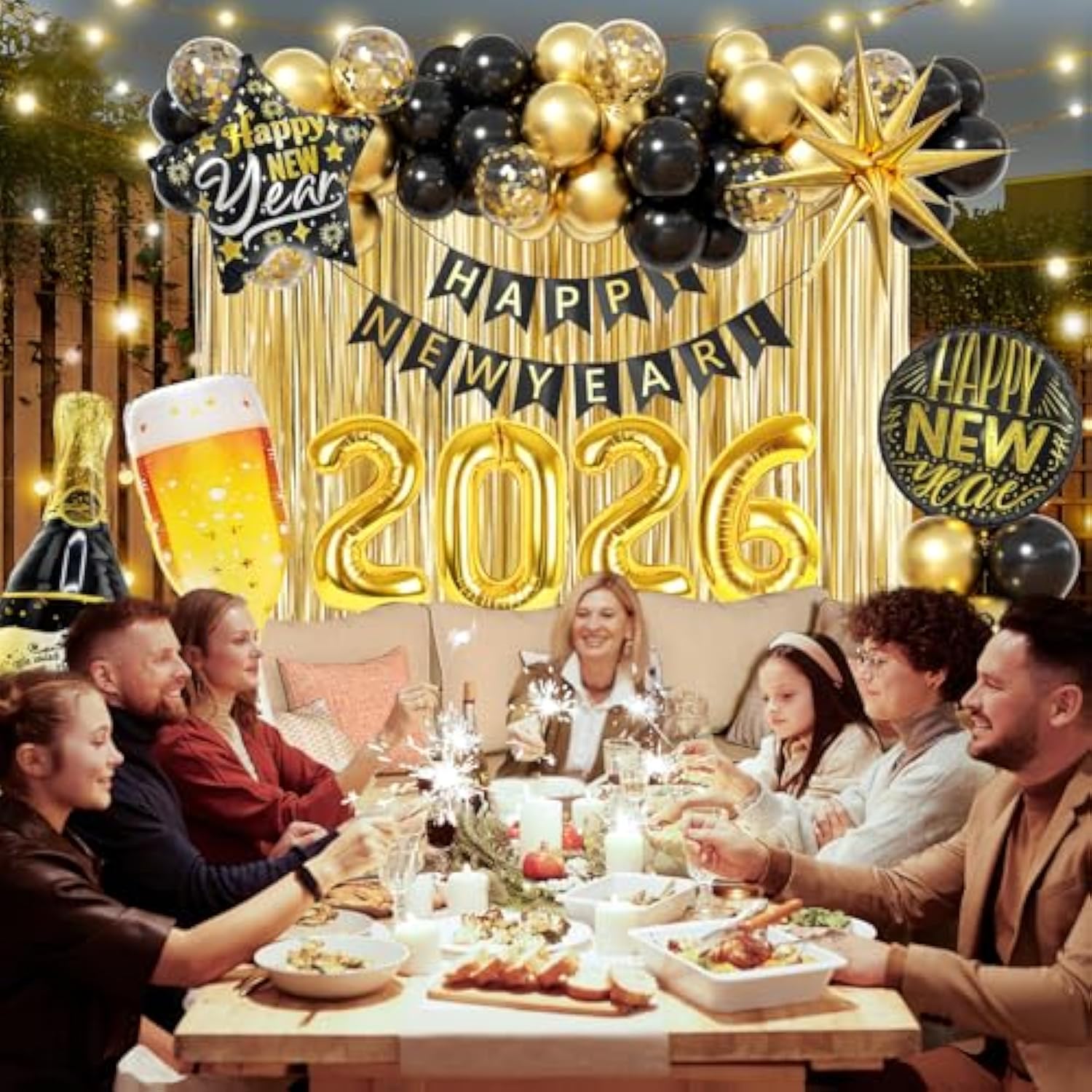 Black Gold New Year 2026 Party Set with Balloons, Banner & Fringe Backdrop