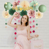 14pcs Dusty Rose Sage Baby Shower Decor with Pom Poms, Lanterns & Banner