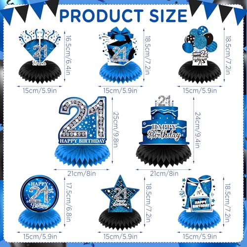8Pcs Blue 21st Birthday Decorations Blue and Black Happy 21st Birthday Table Honeycomb Centerpieces for Table Decor 21st Birthday Table Topper for Men Women 21st Birthday Anniversary Party Supplies