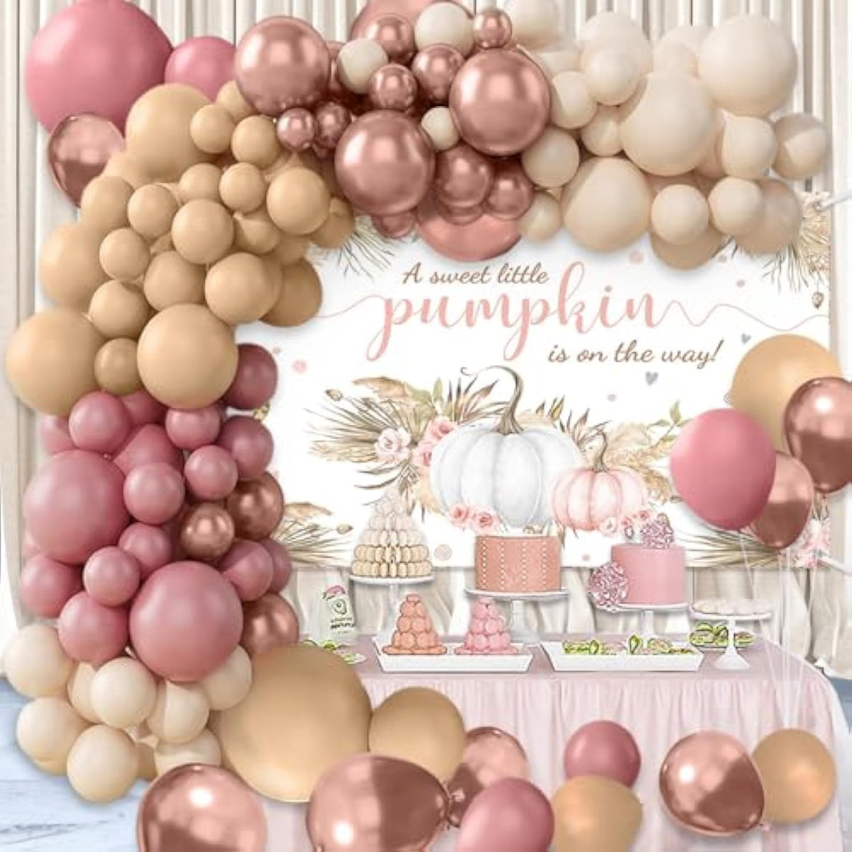 Boho Baby Shower Balloon Arch Kit: Pumpkin Pink, Rose Gold, 156 Piece