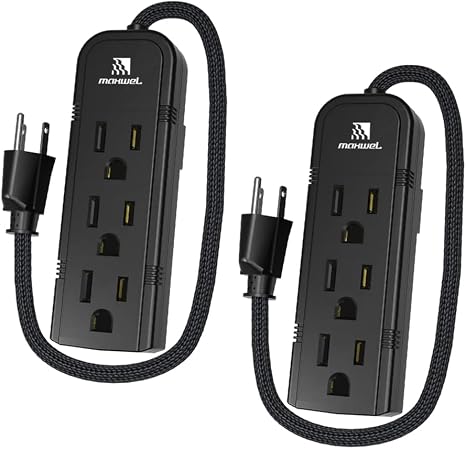 Small Power Strip 1Ft 2 Pack 3 Outlet Short Extension Cord Black ETL