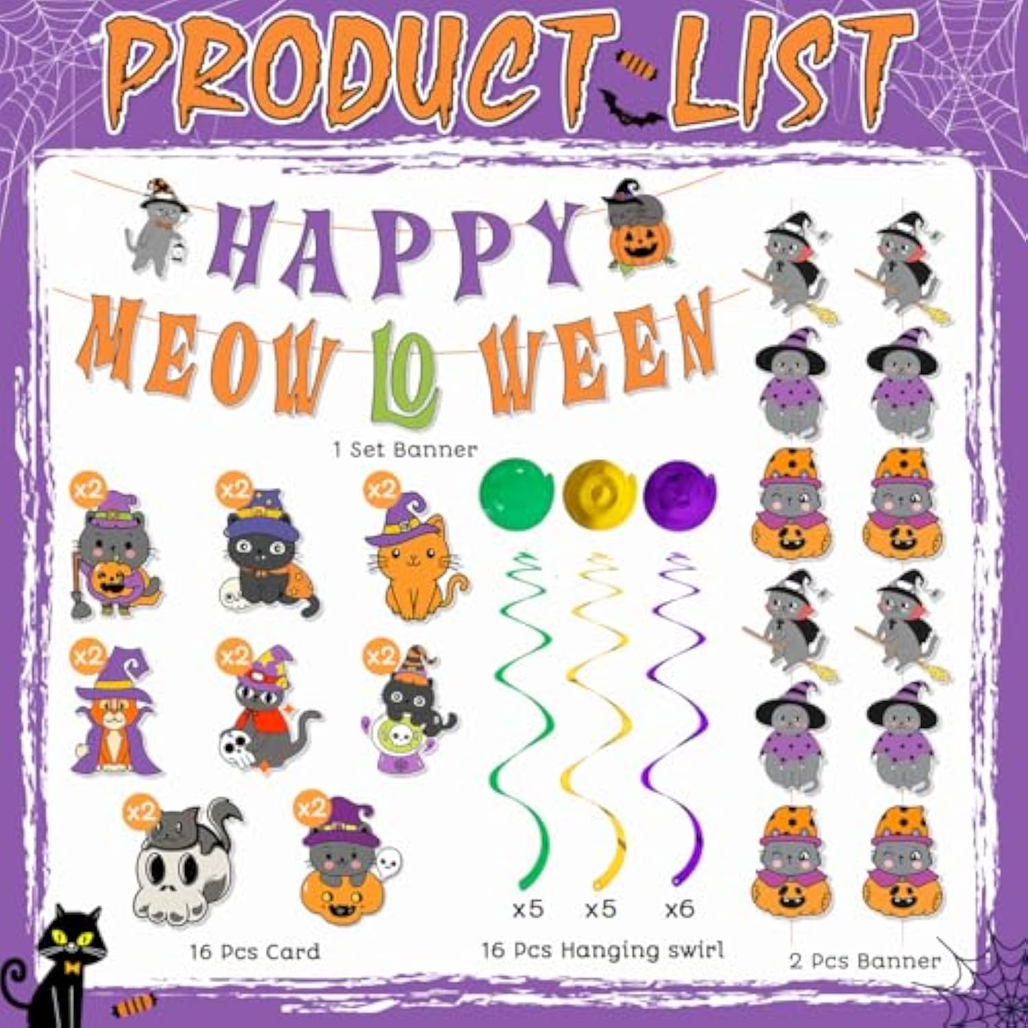Halloween Party Decorations Little Cats "Happy Meow-Loween" Banner & Hanging Swirls