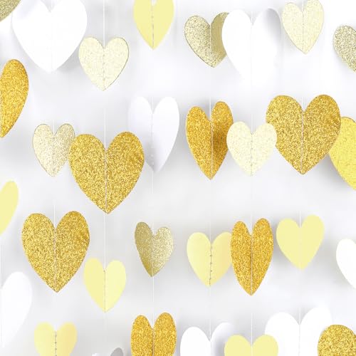 Gold-White Heart-Garland Streamers Engagement-Birthday Party-Decorations - 52Ft Glitter Champagne Hanging Banner Decor Wedding Congratulations Bachelorette Bridal Baby Shower