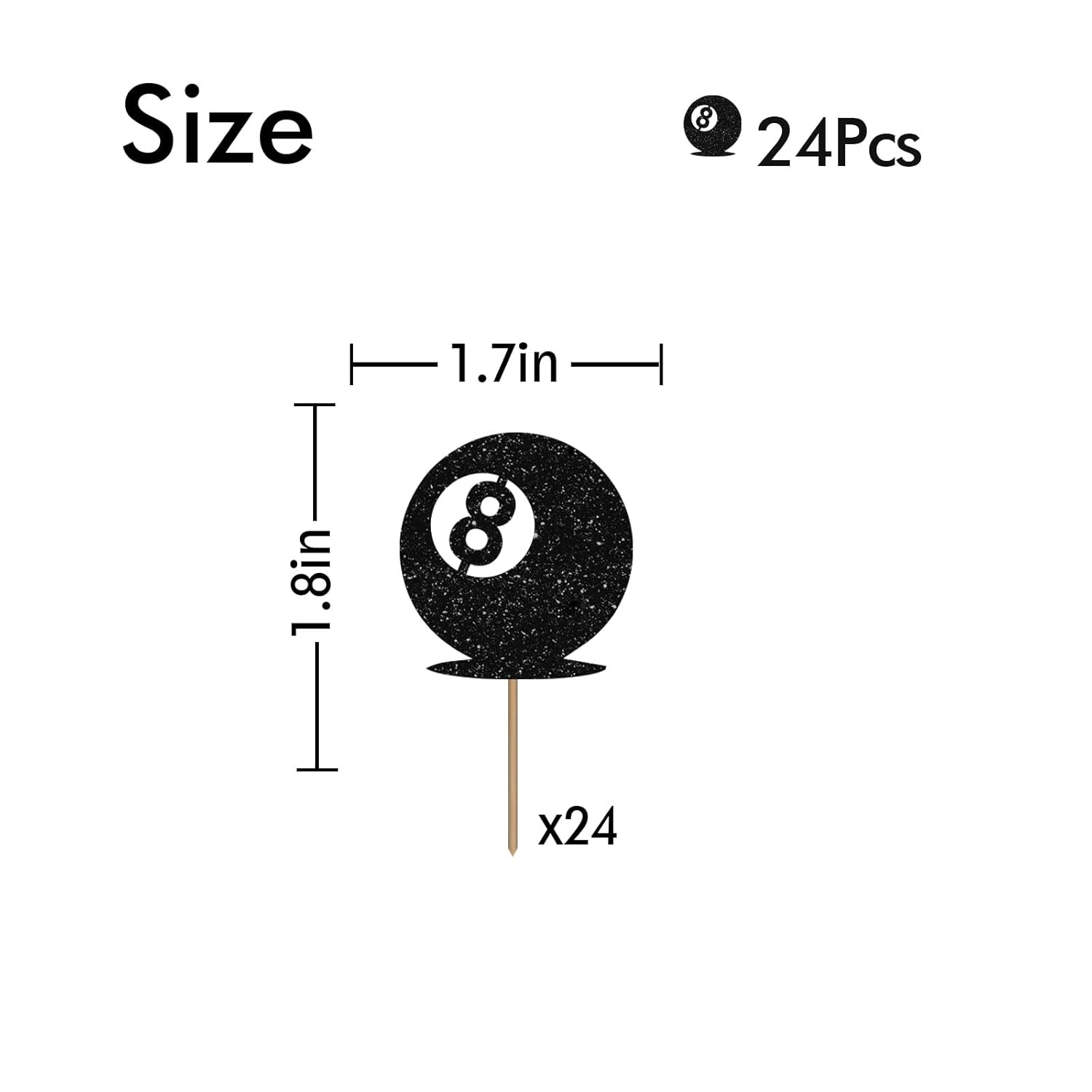 24Pcs Magic 8 Ball Cupcake Toppers, Billiard Ball Cupcake Toppers, Billiard 8 Cupcake Picks For Snooker Pool Balls Party, Pool Game/8Th Birthday Themed Party Decoration - Black Glitter