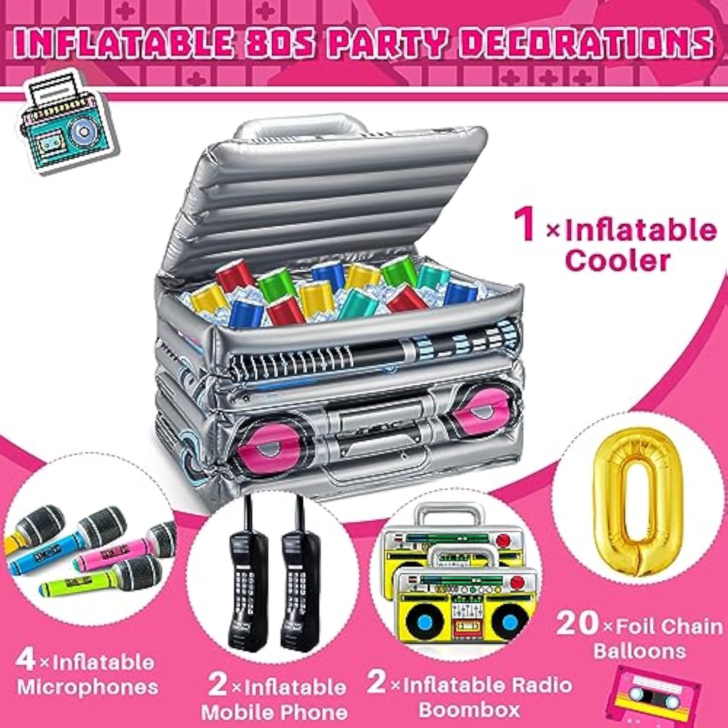 29 Pcs 80S 90S Party Decorations Include Inflatable Boom Box Beverage Cooler 20 Gold Foil Chain Balloons 2 Mobile Phones 2 Radio Boombox 4 Microphones For Hip Hop Theme Supplies Cosplay Props