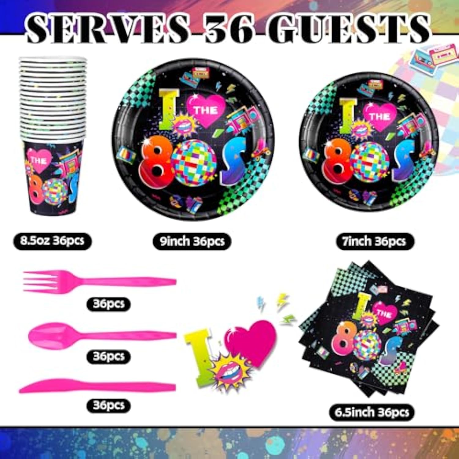 252 Pcs Retro 80S Plates And Napkins Set I Love The 1980S Party Decorations Back To The 80S Napkins Plates Cups Knives Spoons Forks 1980S Neon Party Tableware Supplies Serves 36 Guests
