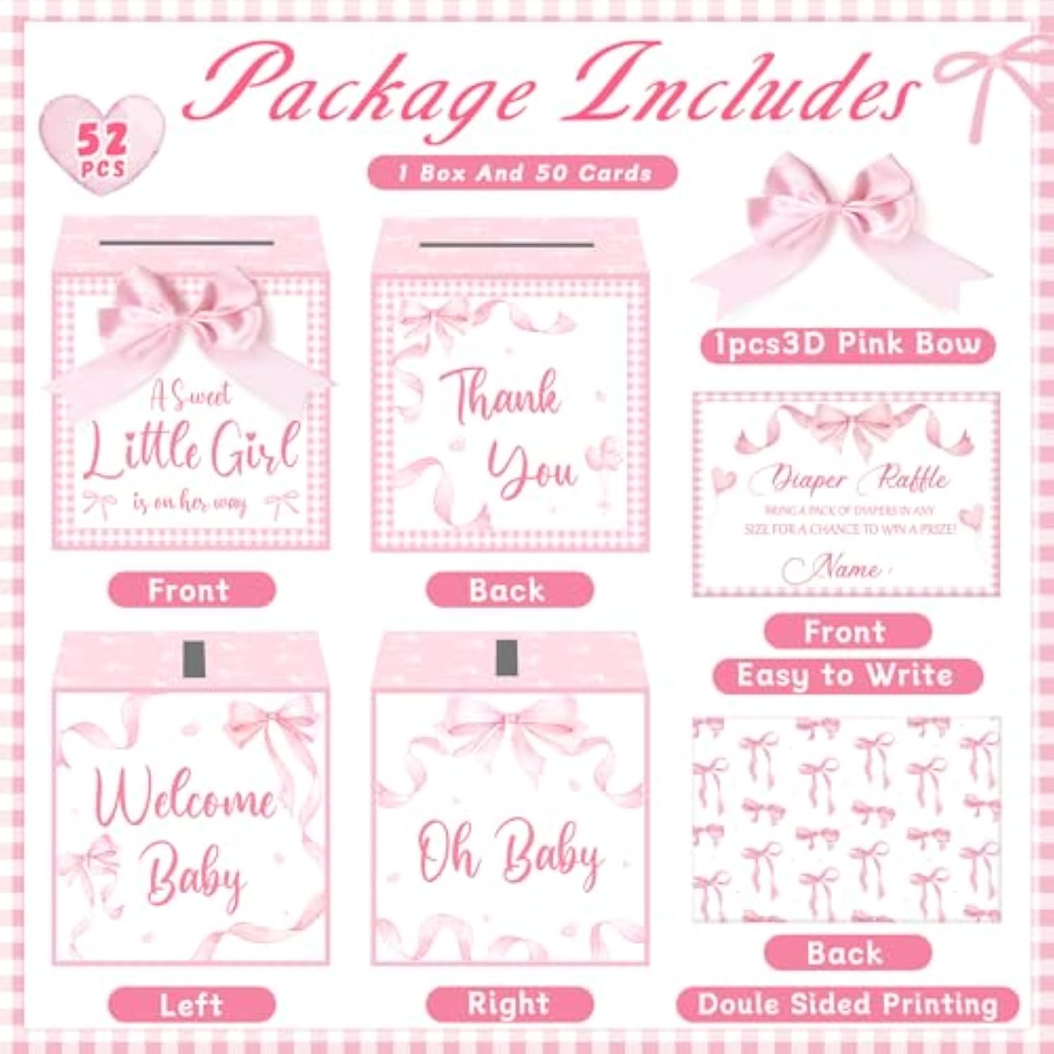 52Pcs Pink Bow Diaper Raffle Tickets With Box 3D Pink Bow Baby Shower Game Kit A Sweet Little Girl Is On Her Way Holder Box Table Centerpieces For Girls Baby Shower Party Invitation Supplies Favors