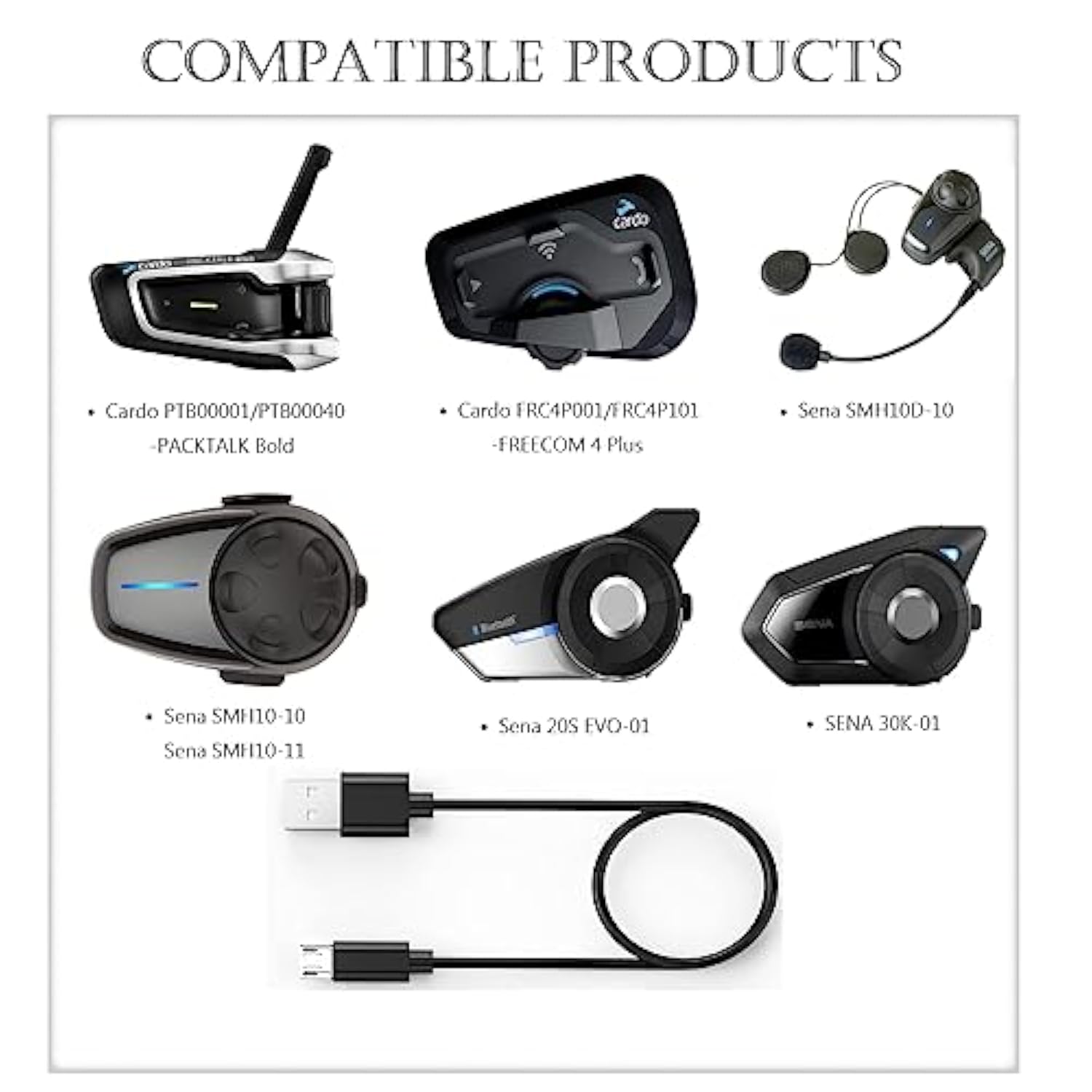 Charger Cable For Cardo Ptb00001/Ptb00040-Packtalk Bold, Frc4P001/Frc4P101-Freecom 4 Plus, Sena Smh10D-10, 10-10, 10R, 10-11, 20S-01, Evo, 30K-01, Sph10 Motorcycle Bluetooth Headset Micro Cable