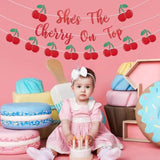 She’S The Cherry On Top Banner – Pre-Strung Red Glitter Cherry Birthday Banner With Bonus Cherry Garland For Girls’ First Birthday, Fruit Theme Party, Summer Picnic, And Baby Shower Decorations