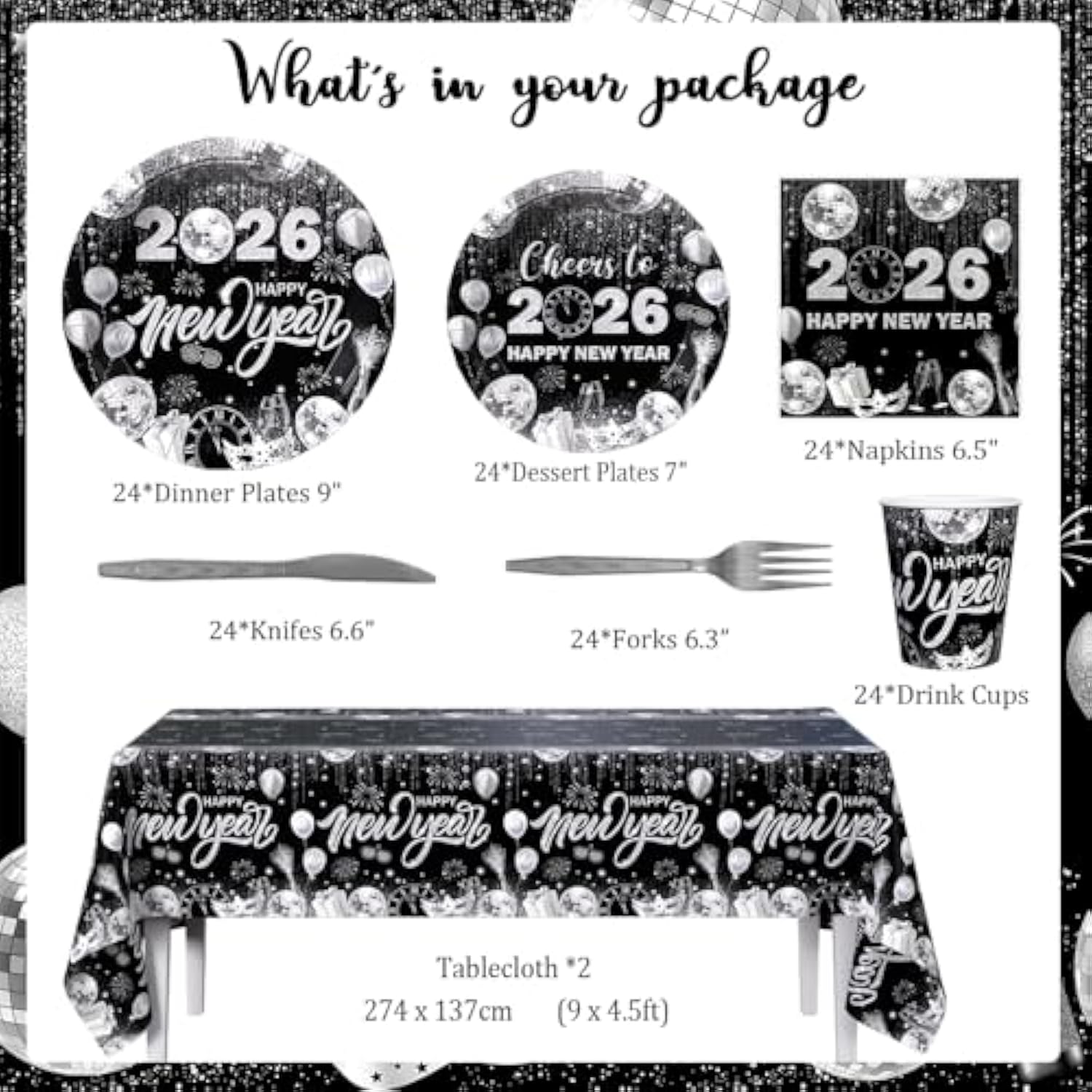 194pcs Black Silver New Year 2026 Party Tableware for 24 Guests