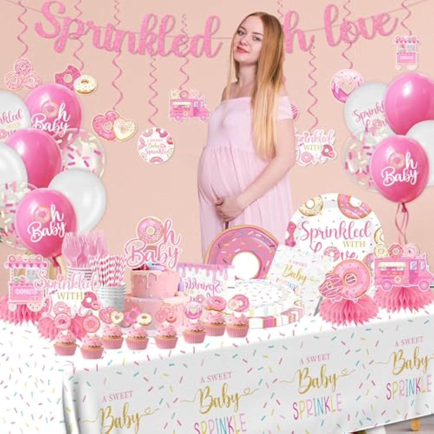 Baby Sprinkle Decorations For Girl, Sprinkled With Love Baby Shower Supplies Donut Plates Napkins Cups Tablecloth Banner Cake Topper, Honeycomb Centerpieces For Pink Donut Baby Shower Decorations
