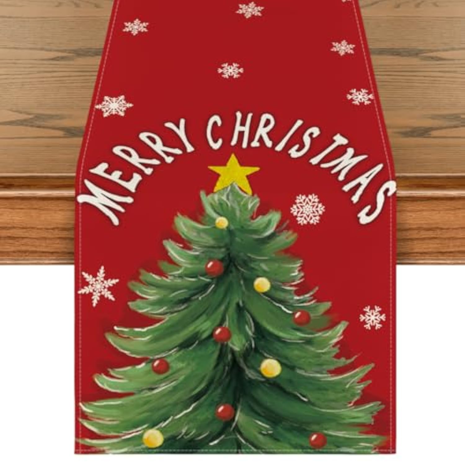 Red Xmas Pine Snowflake Merry Christmas Table Runner, Seasonal Winter Kitchen Dining Table Decoration For Home Party Decor 13X72 Inch