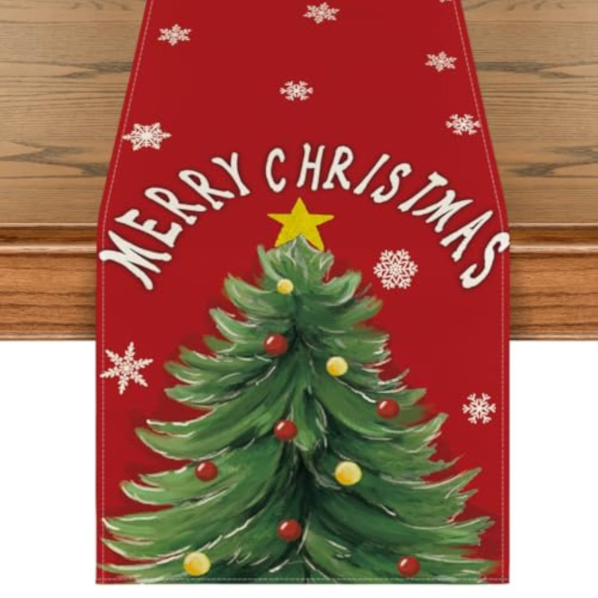 Red Xmas Pine Snowflake Merry Christmas Table Runner, Seasonal Winter Kitchen Dining Table Decoration For Home Party Decor 13X72 Inch