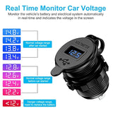 Quick Charge 3.0 Dual USB Charger Socket,Aluminum Power Outlet Fast Charge,with LED Digital Voltmeter and Wire Fuse, for 12V/24V Car, Golf Cart, Boat, RV, Motorcycle, Truck and More