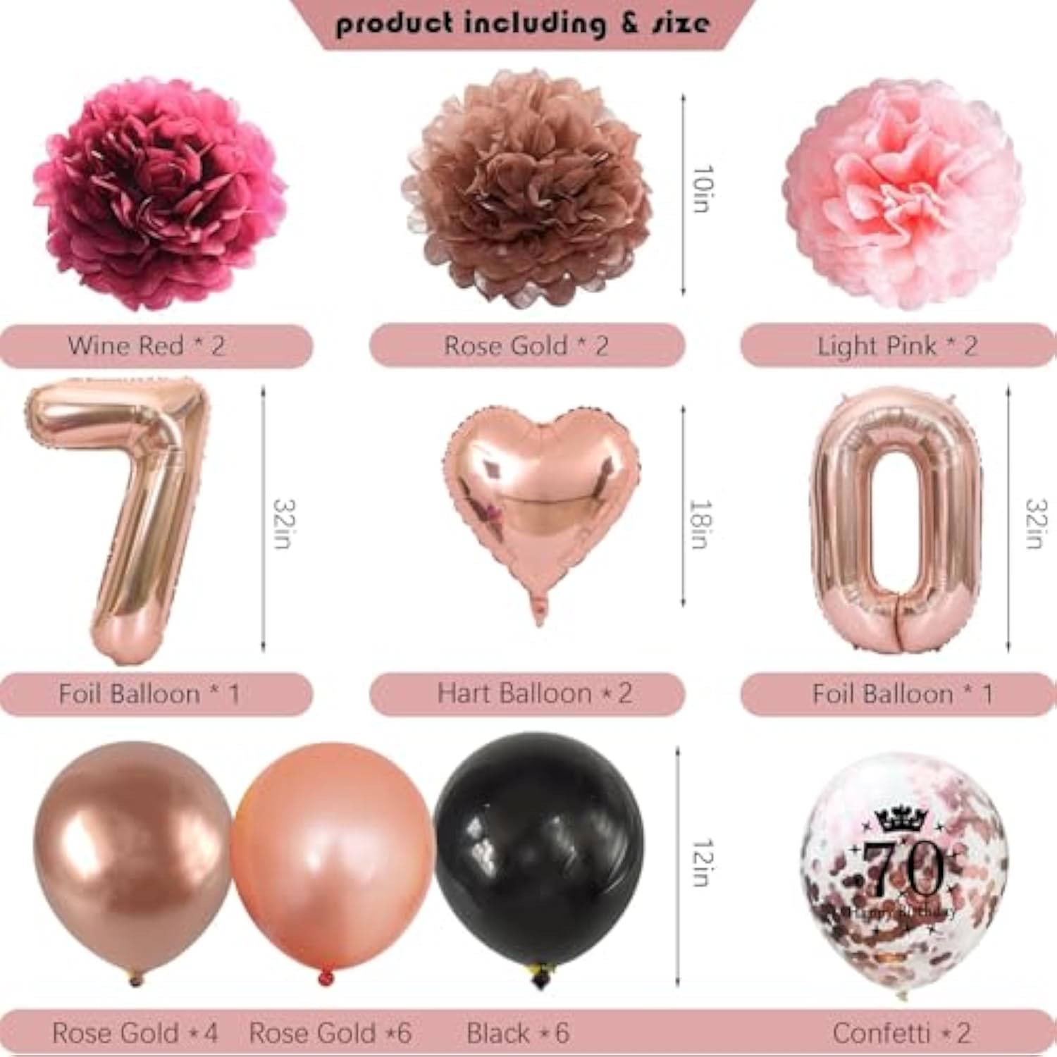 70Th Birthday Decorations For Women, Rose Gold Happy 70Th Birthday Decorations Banner Balloons Pompoms Backdrop Star Streamer, 70Th Birthday Party Supplies Set