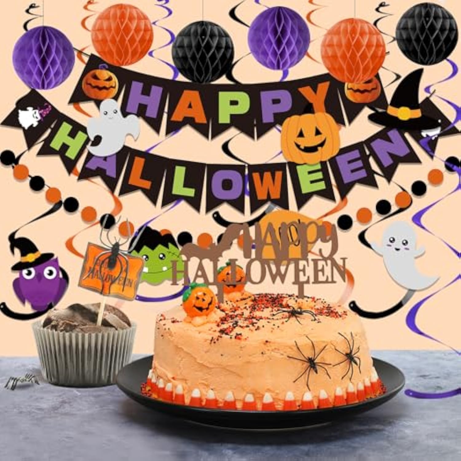 Halloween Banner Decorations with Honeycomb Ball Swirl Streamer and Circle Dot Garland