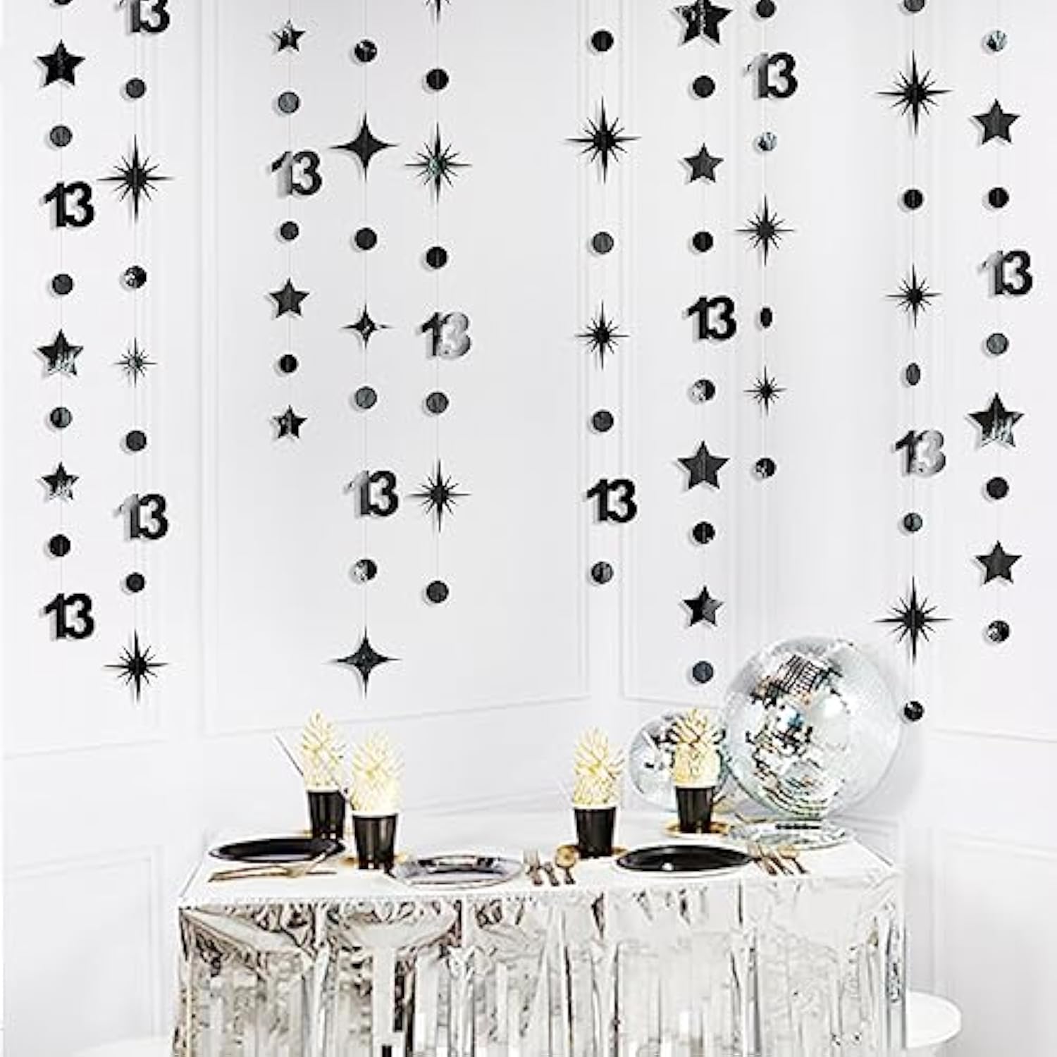 Black 13th Birthday Decorations – Metallic Star & Number 13 Garland Banner for Teen Party Decor