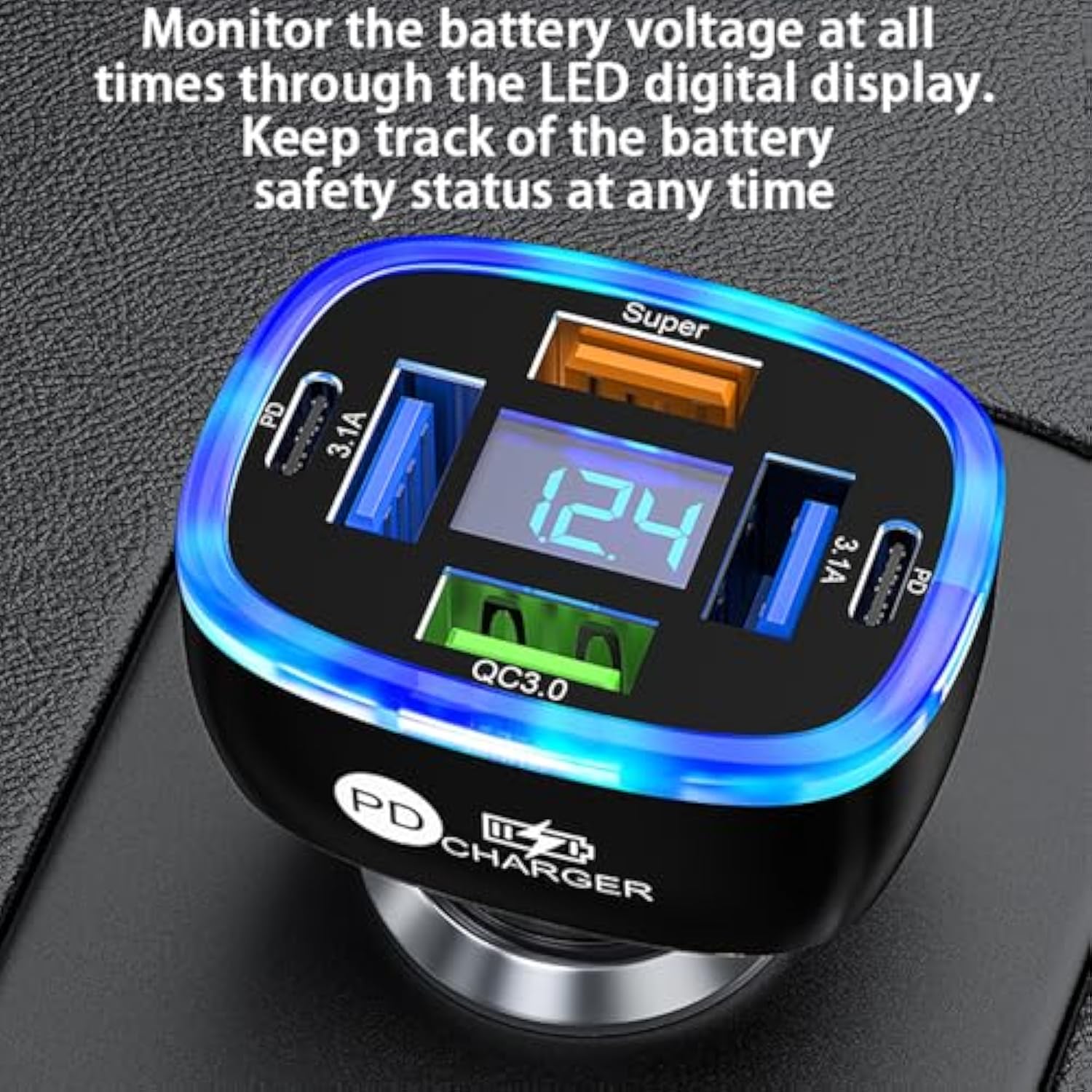 Multi-Port Smart Car Charger With Digital Display Super/Pd/3 Usb Output Compact Fire-Proof Pc Design Supports One Fast Charger
