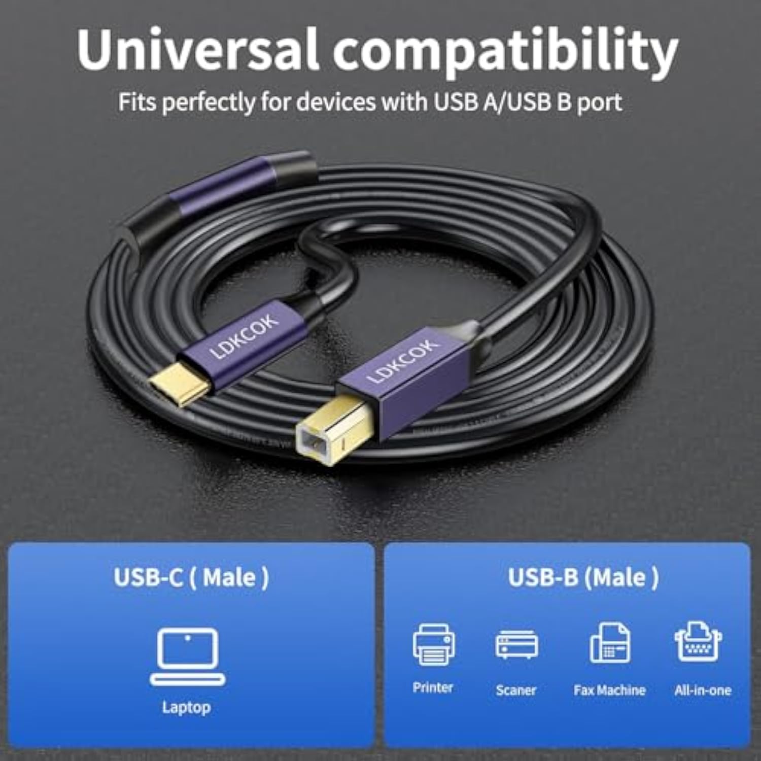 Usb B To Usb C Printer Cable 13Ft, Usb C Midi Cable Compatible For Macbook Pro, Hp, Epson, Canon, Brother, Lexmark, Xerox Printers