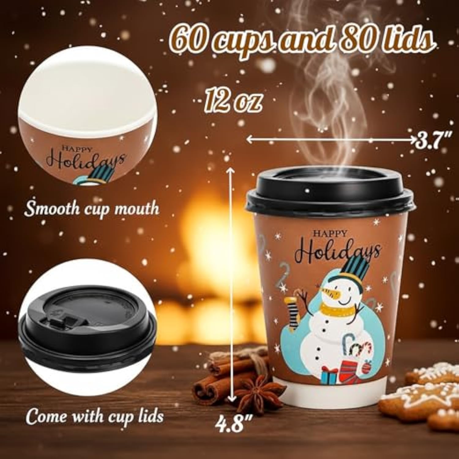 60 Pack 12 Oz Christmas Coffee Cups With 80 Lids, Disposable 6 Designs Christmas Paper Cup, Thickened Xmas To Go Coffee Cups, Party Holiday Supplies For Hot Beverage, Chocolate, Tea, Cocoa