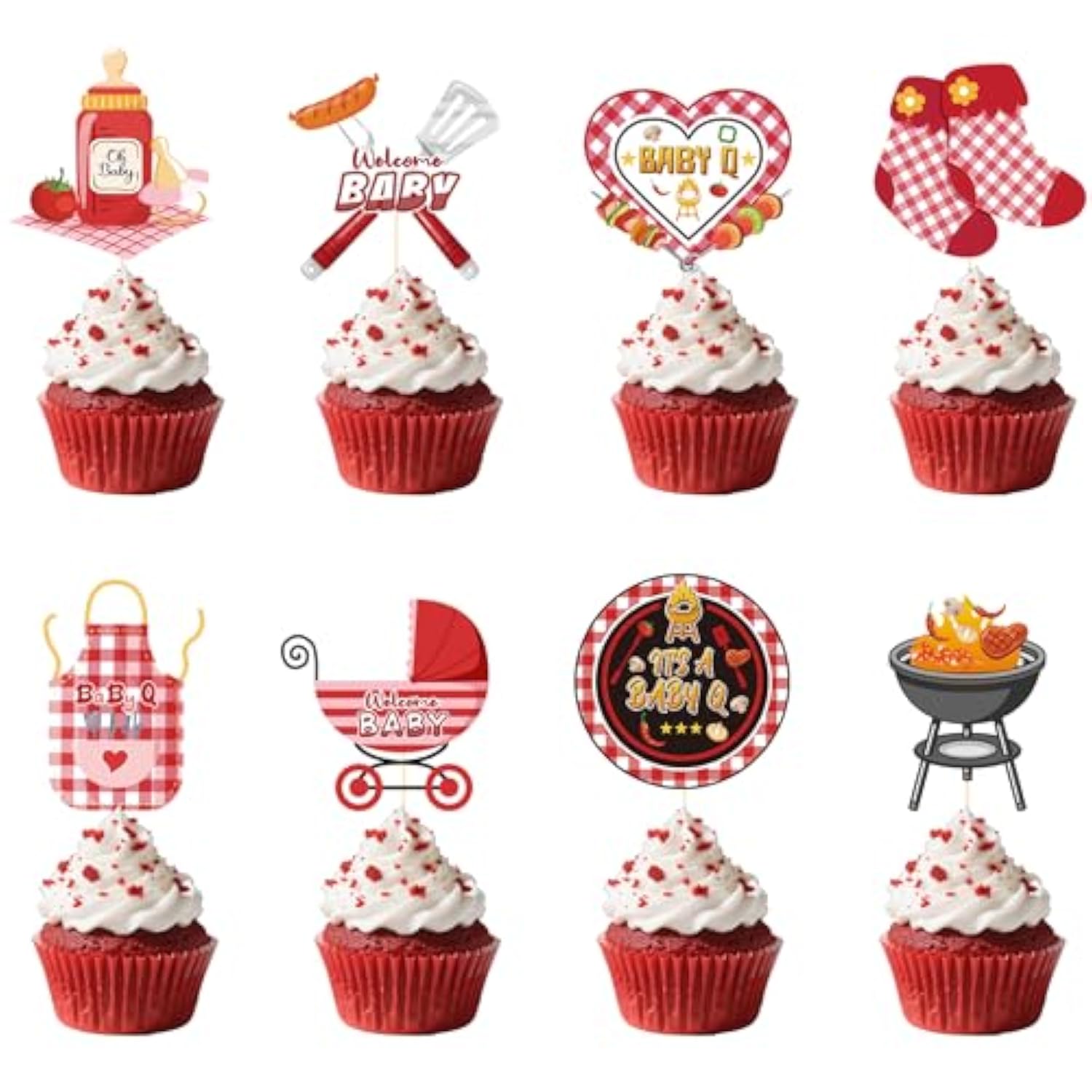 Bbq Baby Shower Decorations - 40Pcs Baby Q Baby Shower Decorations Cupcake Toppers Cupcake Picks Cake Decor Barbeque Picnic Themed Party Supplies Summer Gender Reveal Party Decor