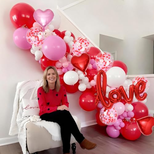 Pink Red White Balloons Arch Kit Mothers Day Balloon Garland Love Foil Balloons Red Pink Heart Shaped Balloon for Women Happy Mothers Day Best Mon Anniversary Sweet Valentine Day Romantic Decor