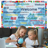 International Welcome Banner Decorations 52 World Country Flags Around the World Multicultural Decor - Large Welcome Backdrop Banner with 32 Different Language Welcome Words - Olympic Party Supplies