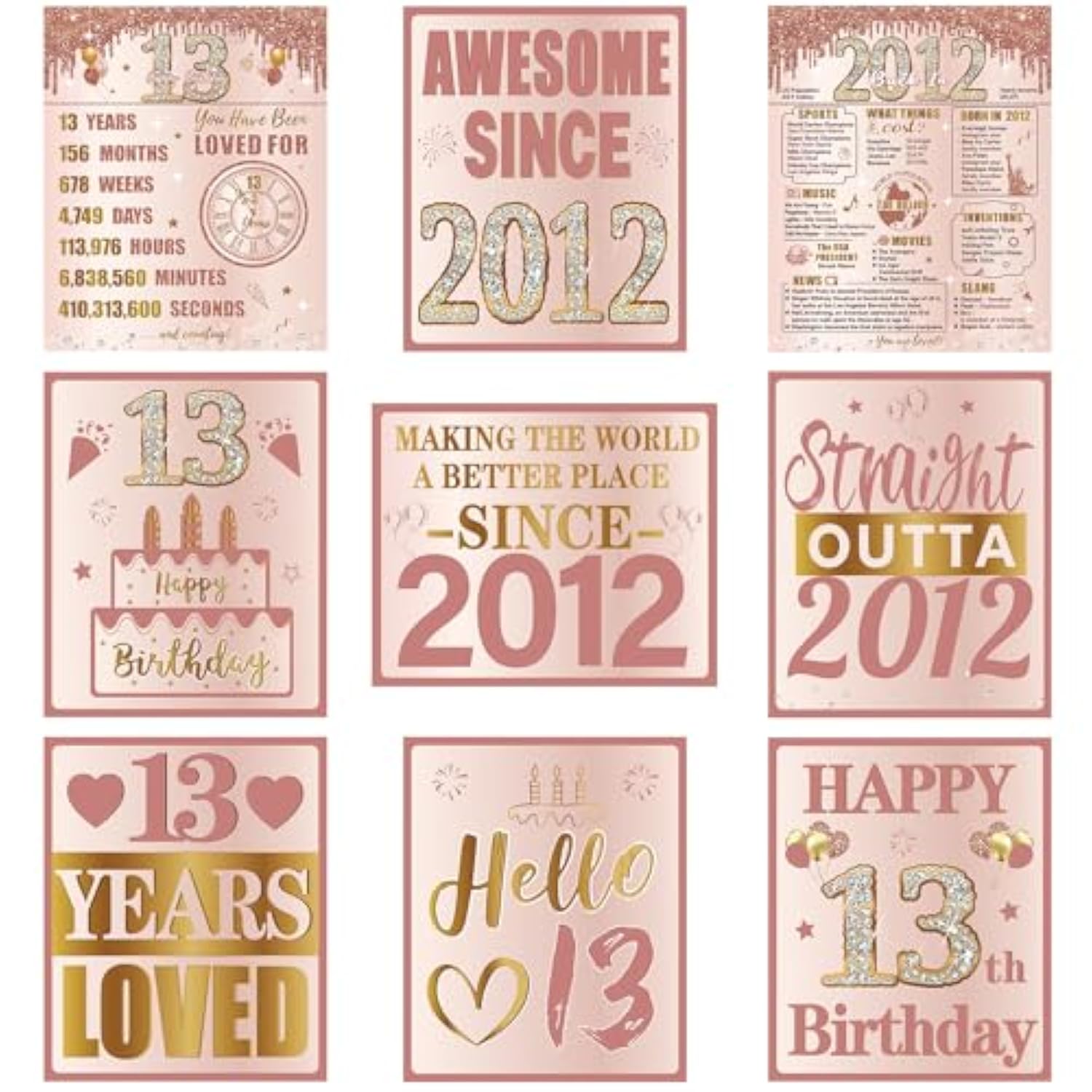 Sweet 13Th Birthday Decorations For Girls, 9Pcs Pink Rose Gold 2012 Birthday Banner Signs For Walls Doors Windows Yard Garden Party Supplies, 13 Years Old Bday Table Toppers Photo Props Decor