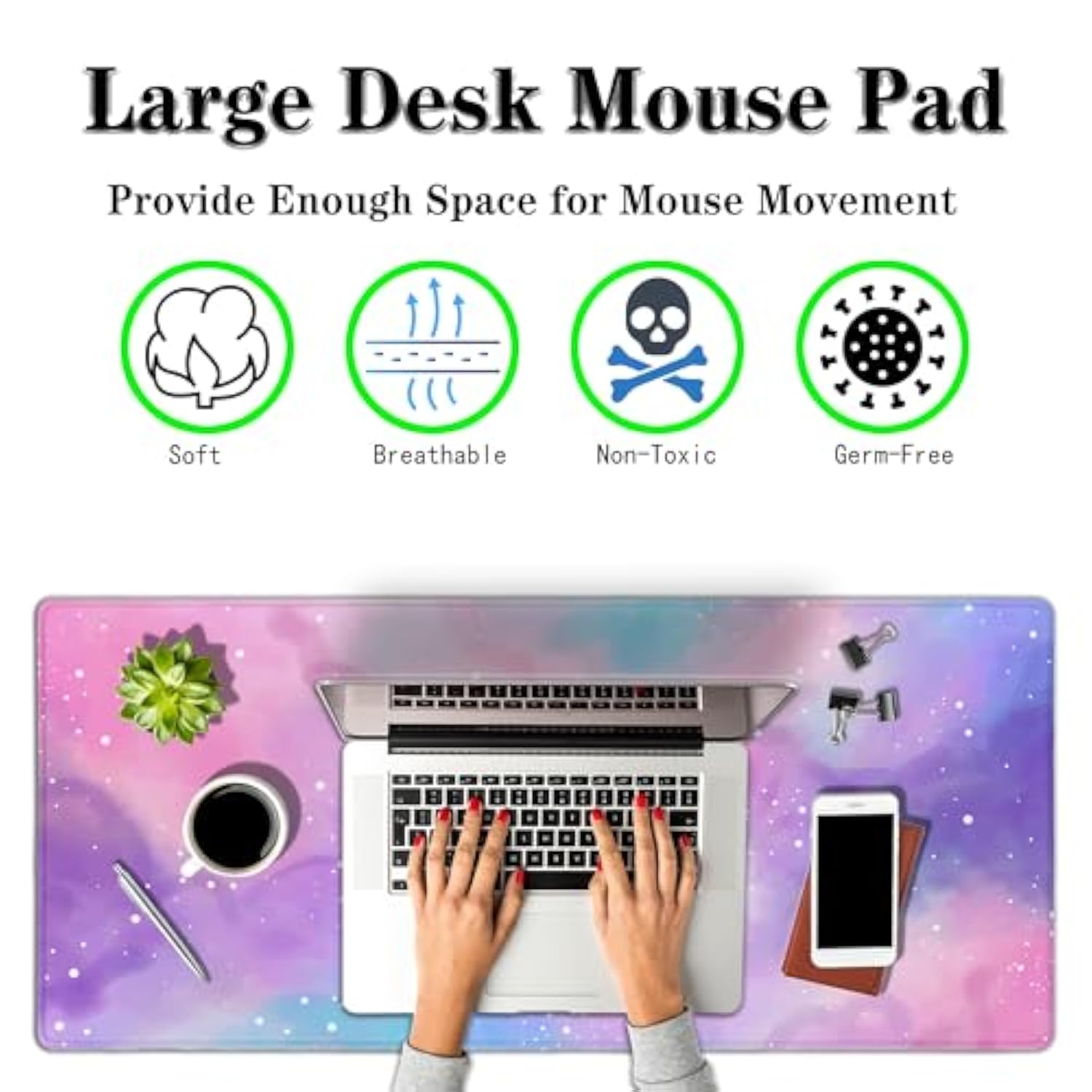 Gaming Pink Mouse Pad Purple Game Mat Big Mouse Pads Desk Mat For Women Computer Mat Pc Gaming Mouse Pad Waterproof Non-Slip Rubber Base 35.4" X 15.7" For Game Office, Starry Sky Cute