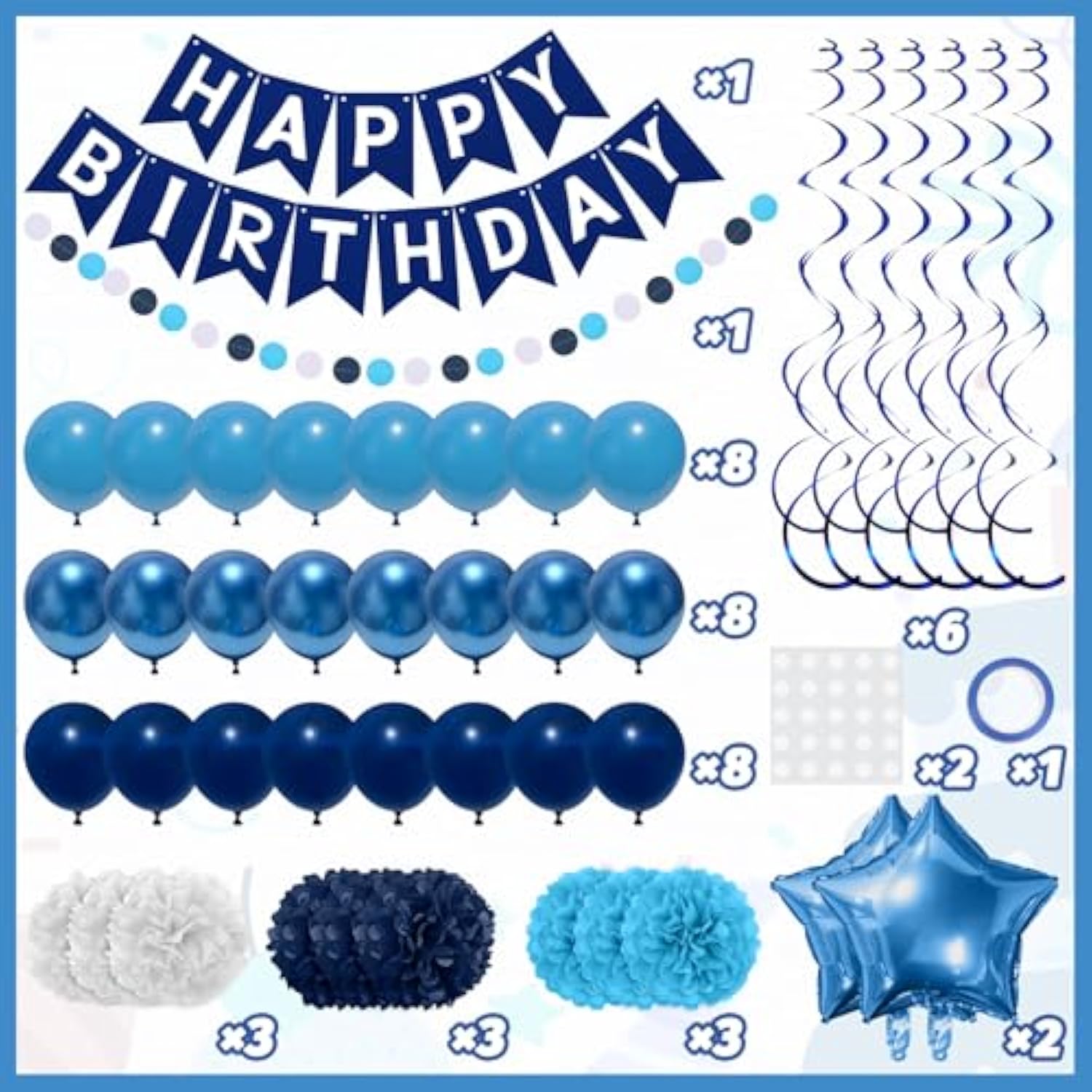 Navy Blue Birthday Decorations, Happy Birthday Banner With Paper Pompoms, Hanging Swirls, Garland, Party Balloons Happy Birthday Party Decorations For Women Men Boys Girls