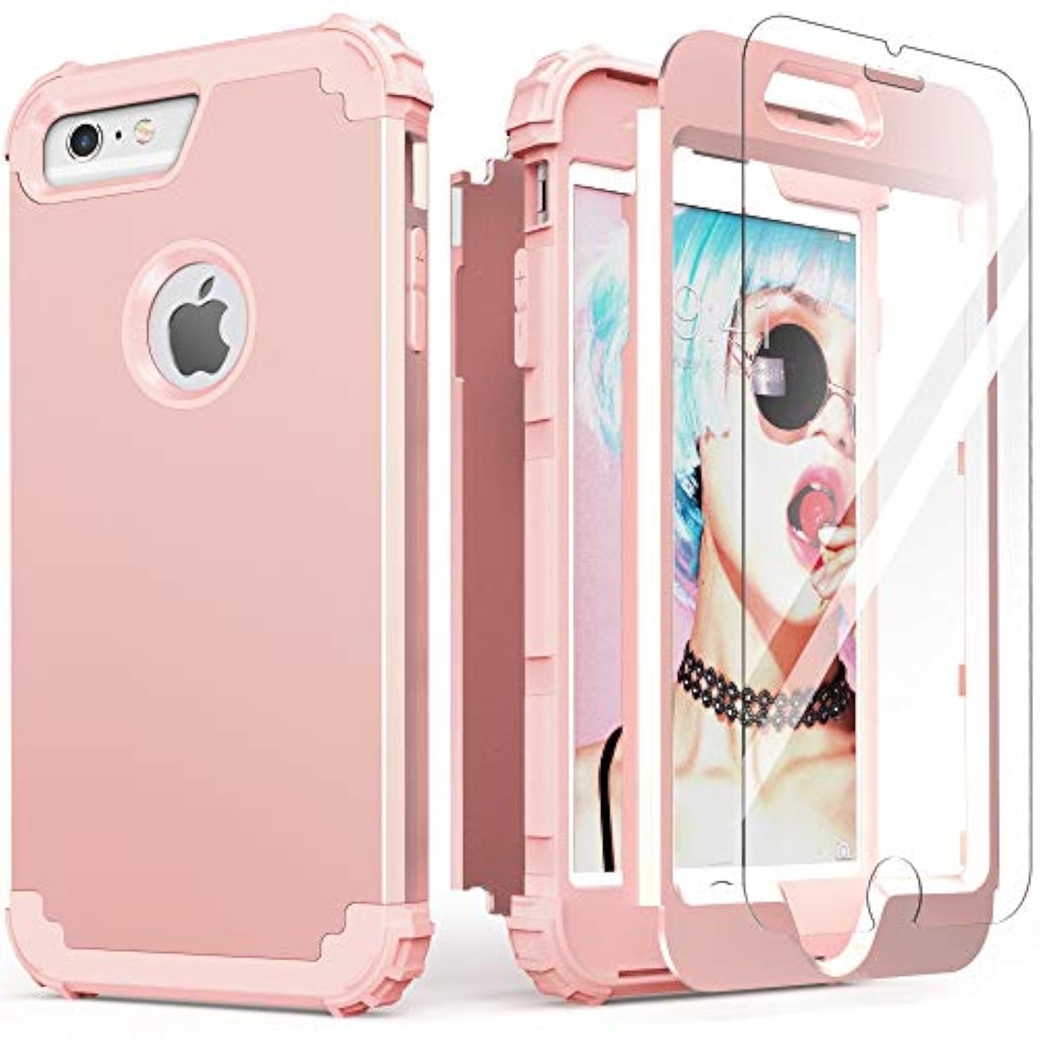 For 6S Plus Case With Tempered Glass Screen Protector, 3 In 1 Shockproof Slim Hybrid Heavy Duty Hard Pc Cover Soft Silicone Bumper Full Body Case, Rose Gold