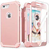 For 6S Plus Case With Tempered Glass Screen Protector, 3 In 1 Shockproof Slim Hybrid Heavy Duty Hard Pc Cover Soft Silicone Bumper Full Body Case, Rose Gold