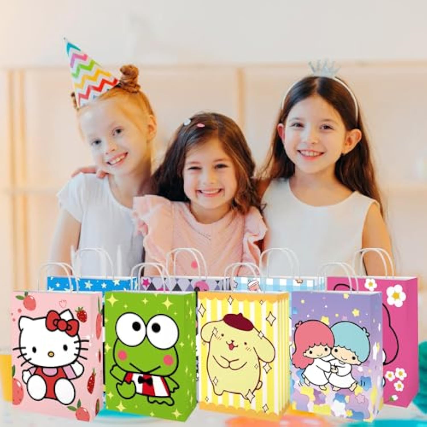 Kitty Birthday Party Supplies, 16Pcs Party Goodie Gift Bags, Including 8 Patterns Double Sided Printed Ideal For Kawaii Birthday Party Decorations