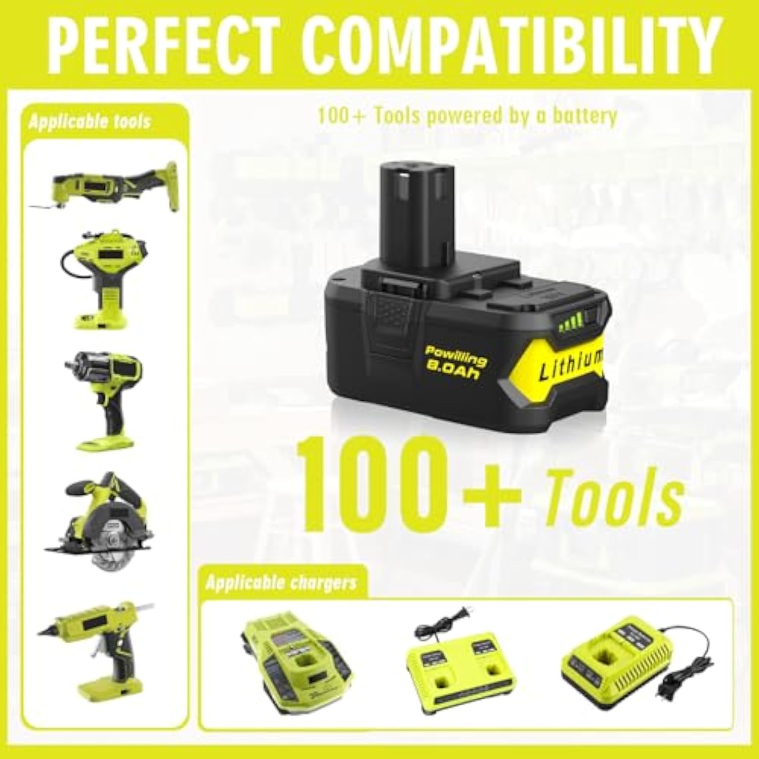 8.0Ah Battery Replacement For Ryobi 18V Lithium Ion Battery, 18 Volt Batteries For Ryobi One 18V Cordless Tools P108 P107 P105 P104 (2Pack)