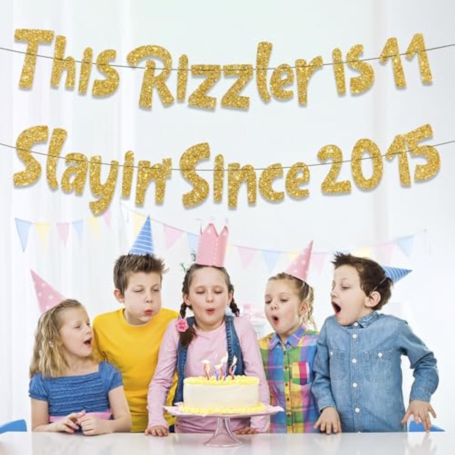 11Th Birthday Decorations Party Banner - 2 Pcs Gold Glitter Pre-Strung This Rizzler Is 11 Slayin Since 2015 Banner Decoration For Boys And Girls Happy 11 Years Old Birthday Party Decor Supplies