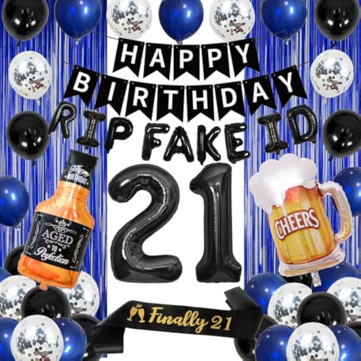 21St Birthday Party Decorations, Blue And Black Happy 21St Birthday Sash Banner Balloons Fringe Curtain Kit For Her Him, 21 Years Old Party Background Backdrop