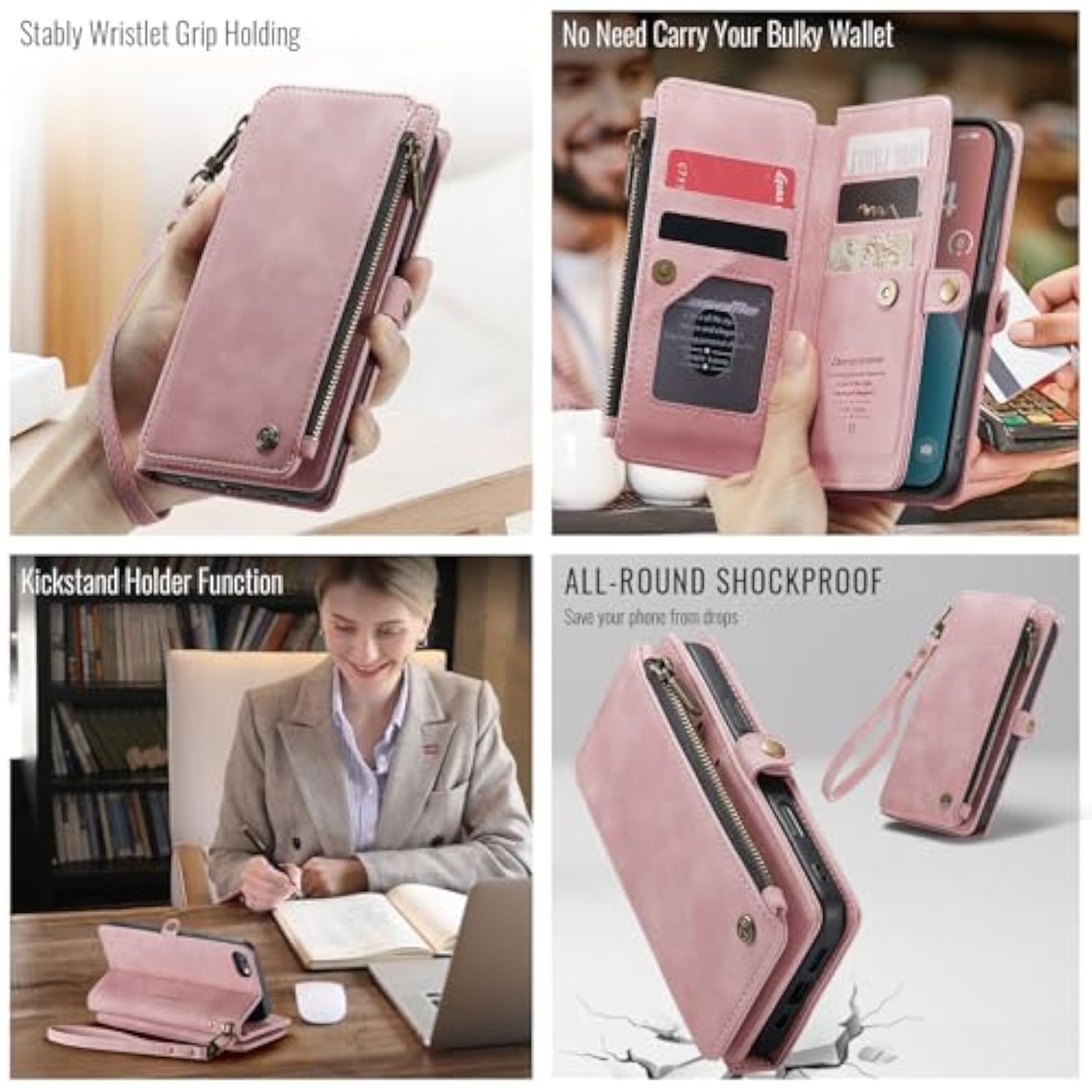 Compatible With Iphone Se 2020 2022 Case Wallet With Rfid Blocking Card Holder For Women Men, Pu Leather Magnetic Snap Flip Zipper Strap Wallet Phone Case Fit For Iphone Se/7/8, Rose Pink