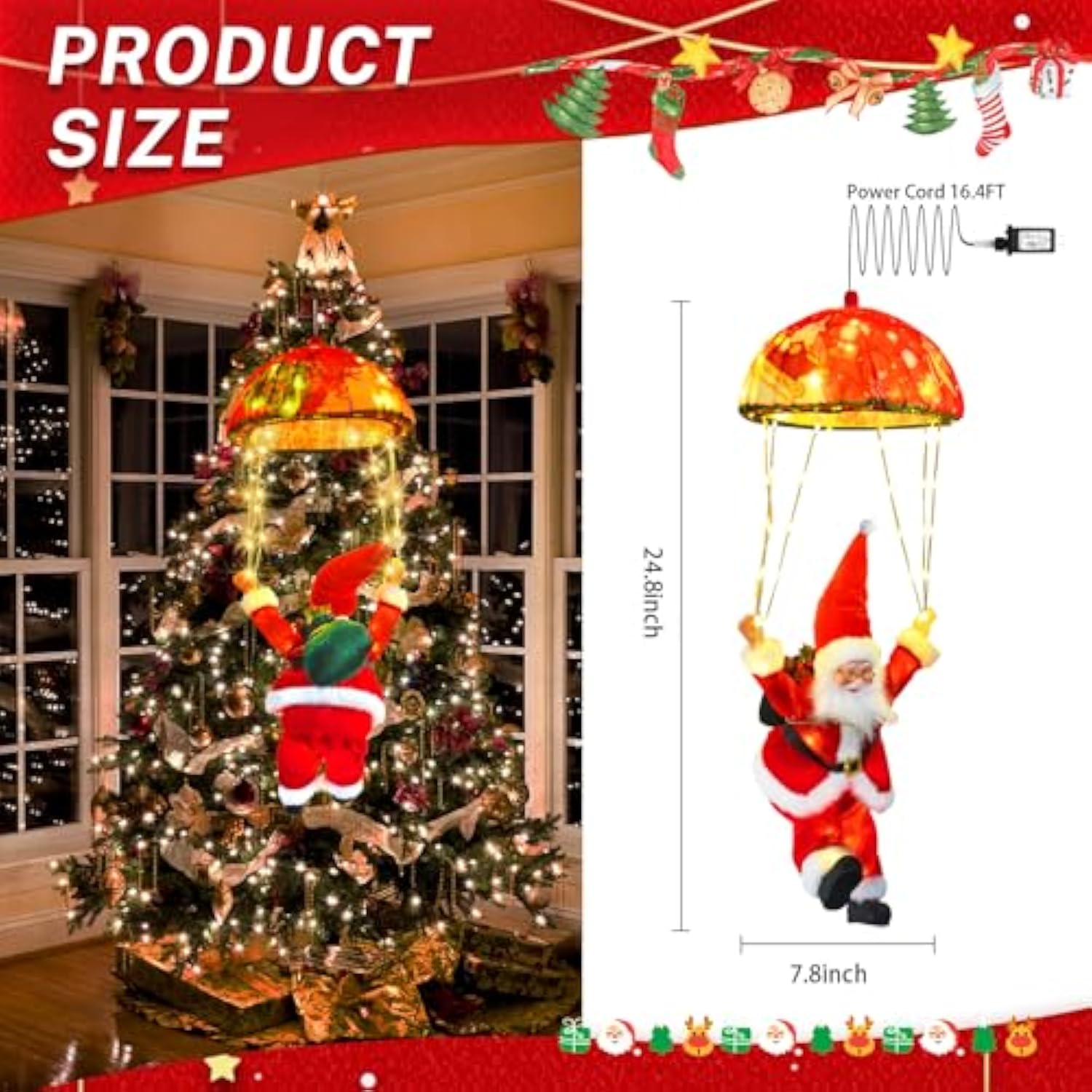 Christmas Lights Outdoor Indoor, Santa Claus Parachute Led Lights, 8 Modes & Timer Christmas Decorations Lights Outside